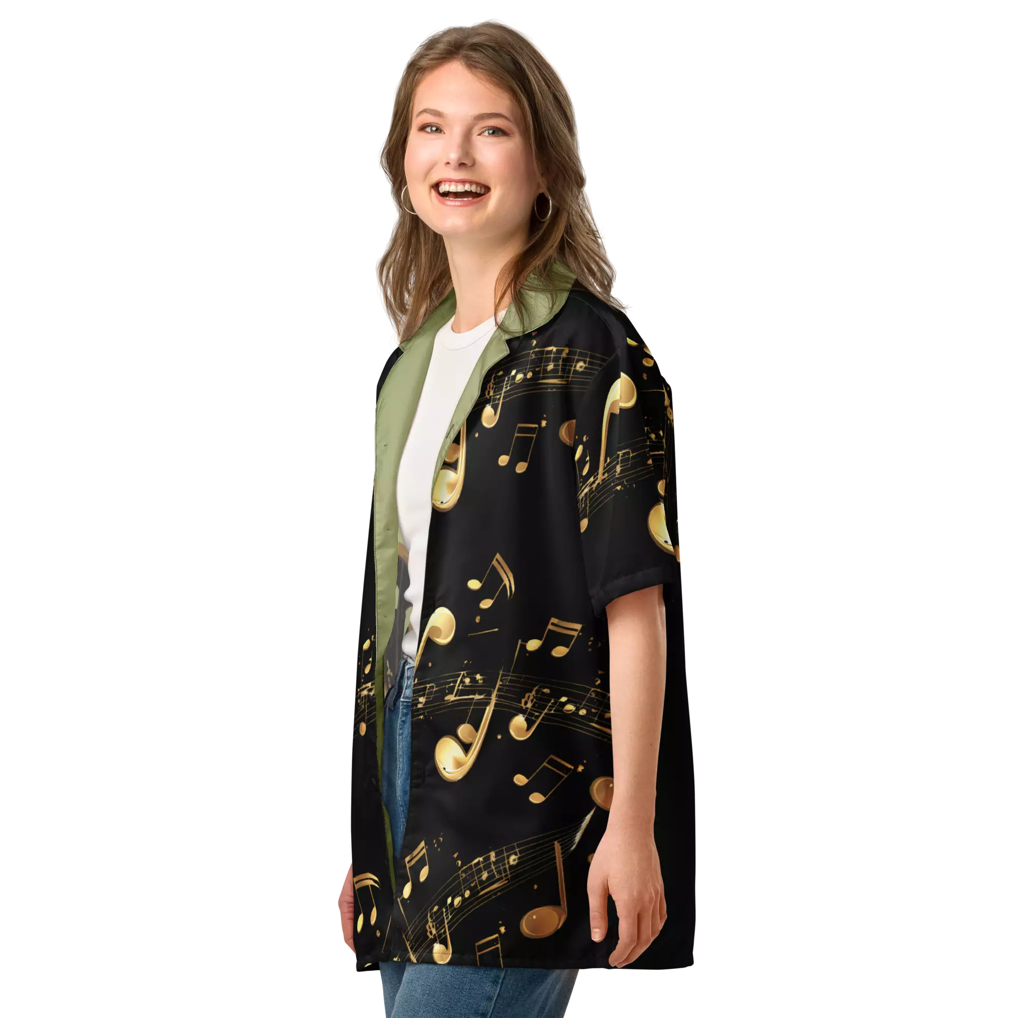 Musicians Notes Unisex Button Shirt Pale Green-Blk - Image 6